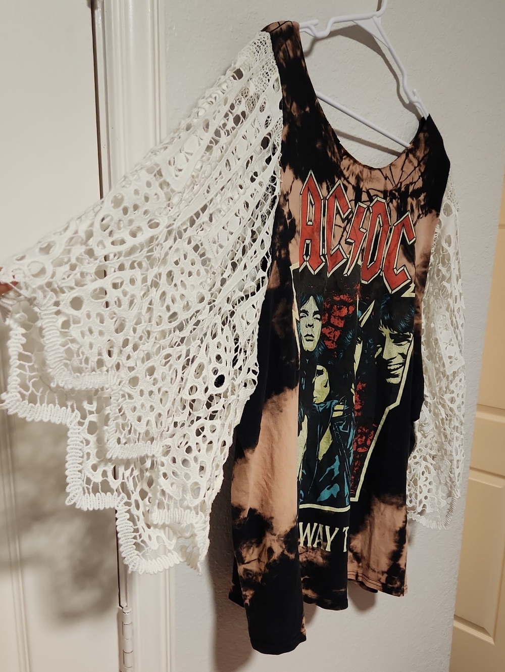 224.Upcycled AC/DC Crochet Tie-Dye Off-Shoulder Band Tee Oversized Tunic - Picture 3 of 4